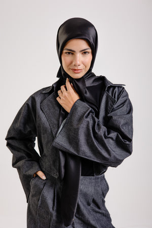 Worood Dark Black Silk Scarf Square – solid black silk scarf with smooth luxurious texture