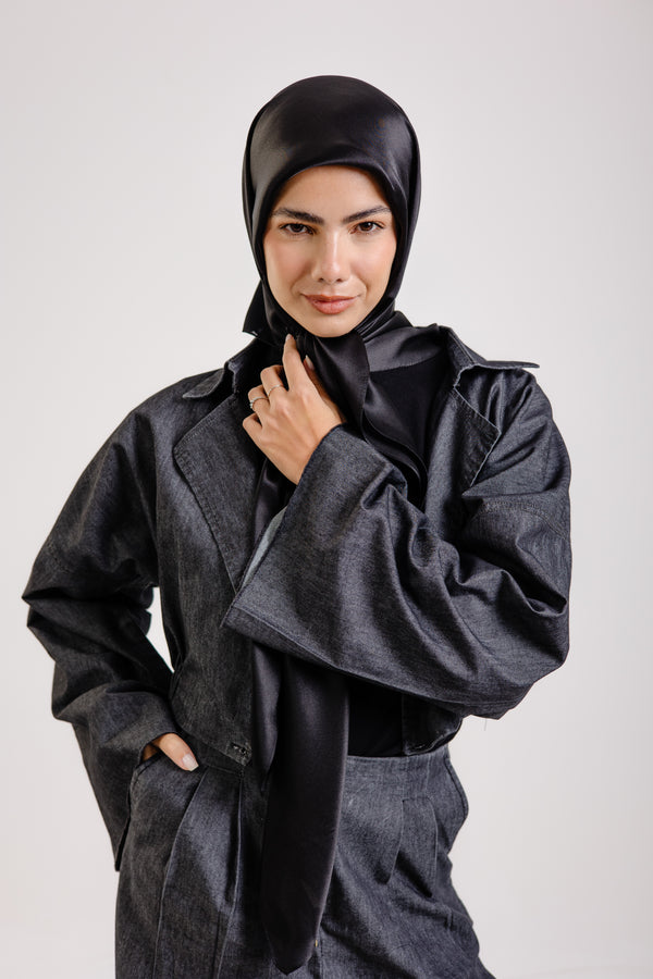 Worood Dark Black Silk Scarf Square – solid black silk scarf with smooth luxurious texture