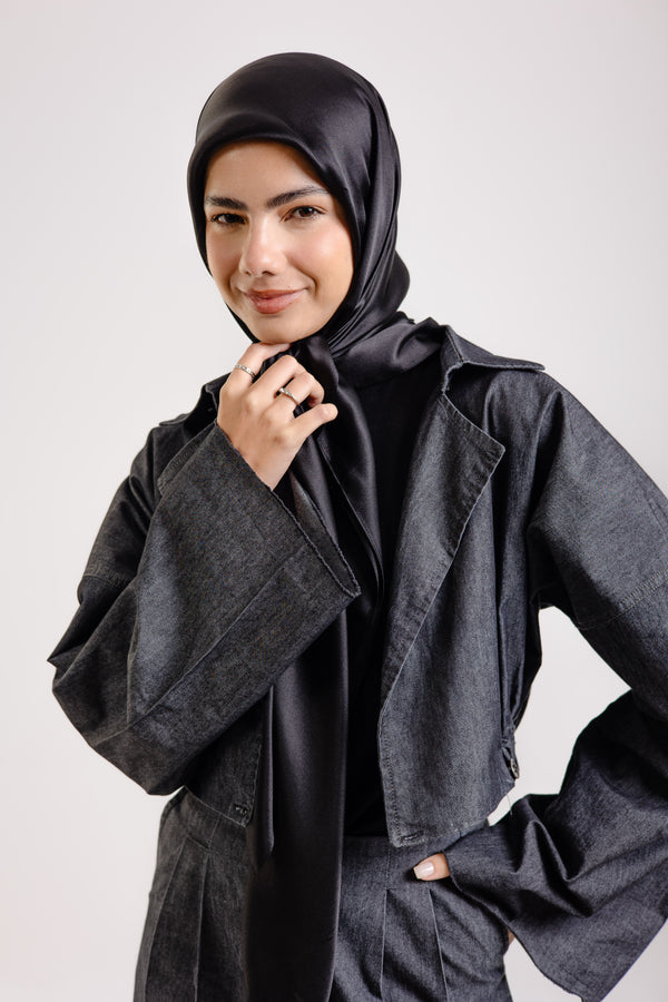 Worood Dark Black Silk Scarf Square – solid black silk scarf with smooth luxurious texture