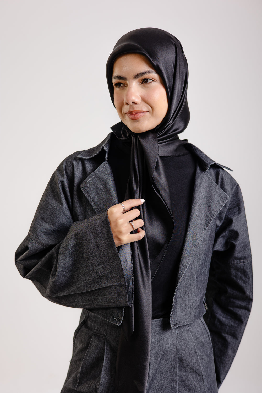 Worood Dark Black Silk Scarf Square – solid black silk scarf with smooth luxurious texture