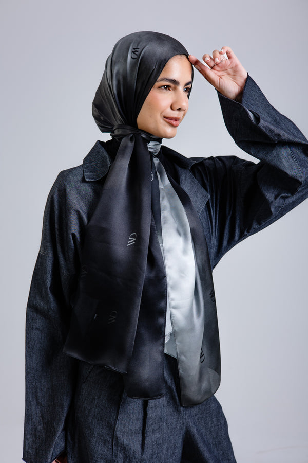 Worood Divine Noire Silk Scarf Rectangle – elegant black silk scarf with a smooth, lustrous finish