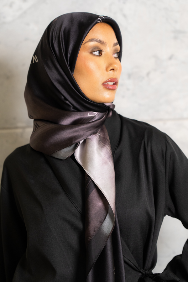 Worood Divine Noire Silk Scarf Square – black silk scarf with glossy luxurious texture