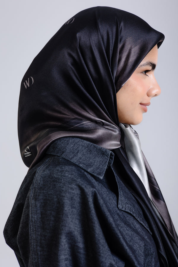 Worood Divine Noire Silk Scarf Square – black silk scarf with glossy luxurious texture