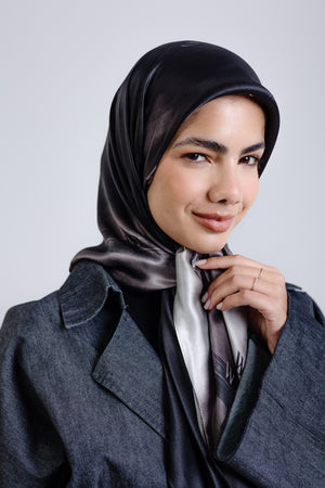 Worood Divine Noire Silk Scarf Square – black silk scarf with glossy luxurious texture