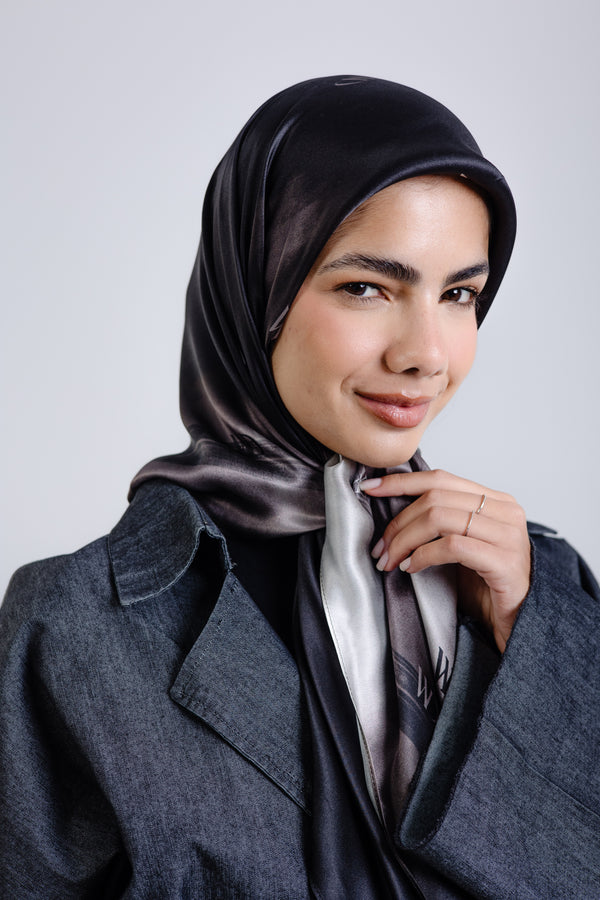 Worood Divine Noire Silk Scarf Square – black silk scarf with glossy luxurious texture