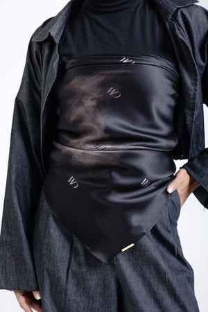 Worood Divine Noire Silk Scarf Square – black silk scarf with glossy luxurious texture