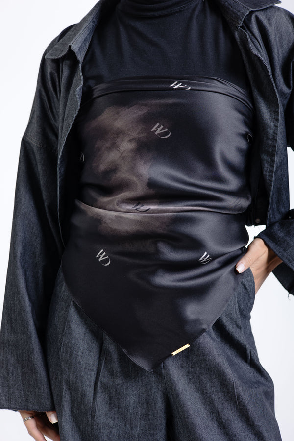 Worood Divine Noire Silk Scarf Square – black silk scarf with glossy luxurious texture