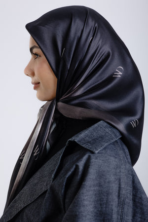 Worood Divine Noire Silk Scarf Square – black silk scarf with glossy luxurious texture