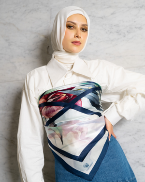 Elysian square silk scarf with floral cream, blush, coral, and navy mulberry silk design by WOROOD