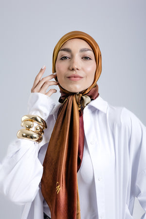 Worood Jour Doré Silk Scarf Square – gold-toned silk scarf with soft radiant finish