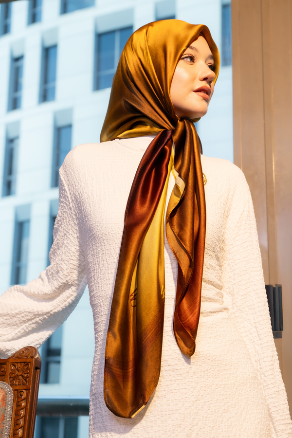 Worood Jour Doré Silk Scarf Square – gold-toned silk scarf with soft radiant finish