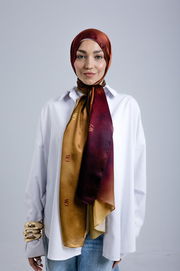 Jour Doré premium silk scarf with golden honey-toned mulberry silk drape by WOROOD