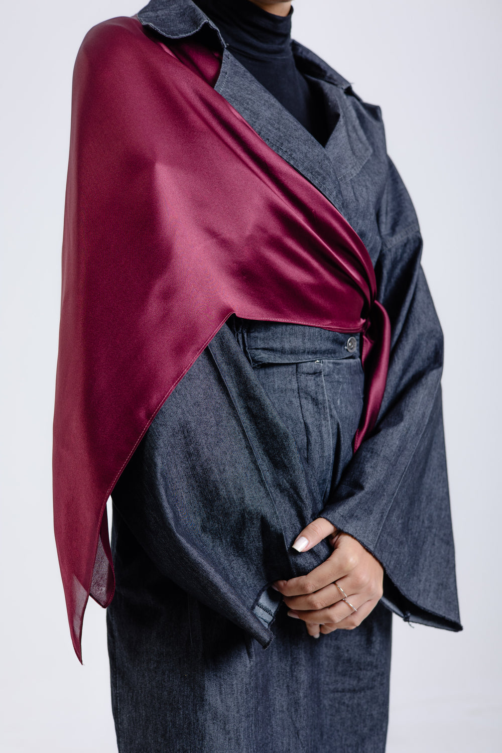 Maroon square silk scarf with rich burgundy mulberry silk drape by WOROOD