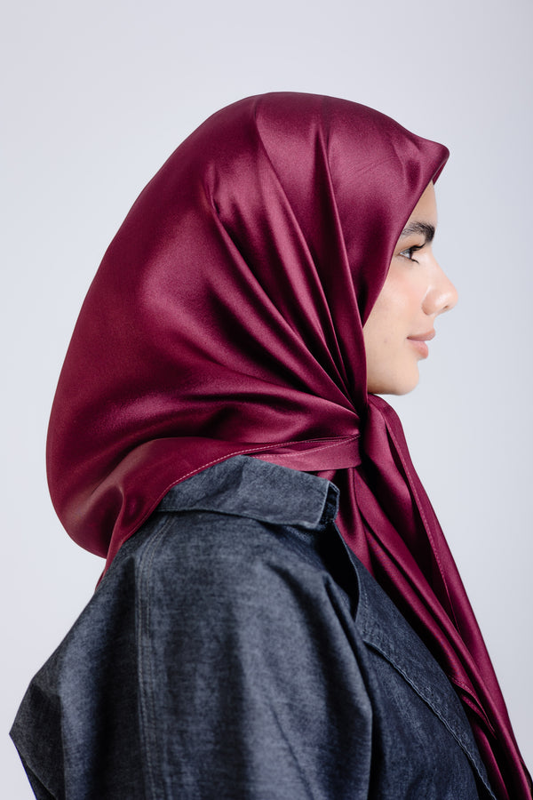 Worood Maroon Silk Scarf Square – maroon silk scarf with smooth soft finish
