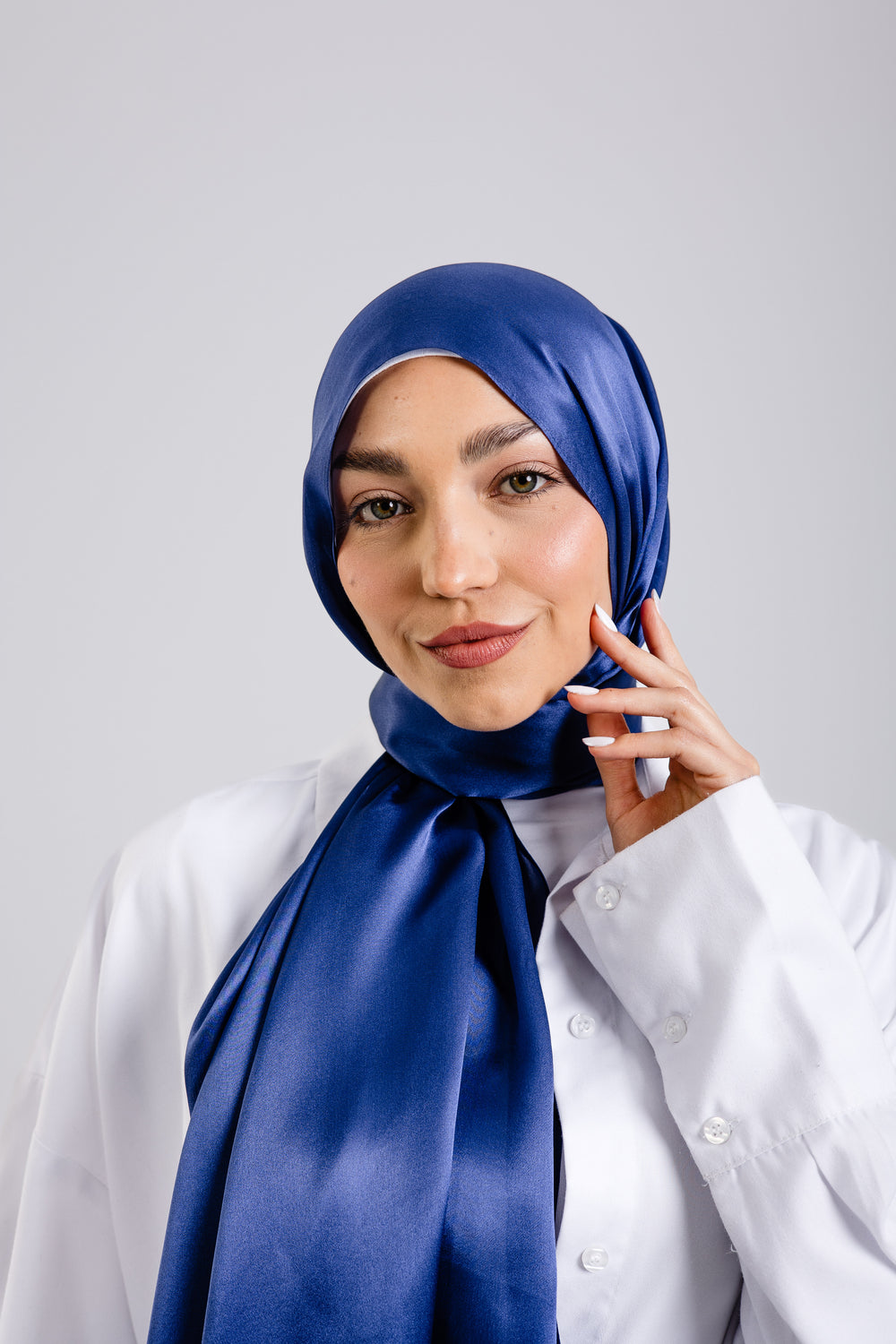 Worood Navy Silk Scarf Rectangle – classic navy blue silk scarf with subtle shine