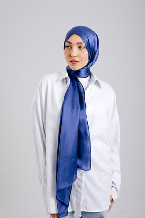 Worood Navy Silk Scarf Rectangle – classic navy blue silk scarf with subtle shine