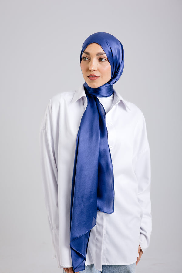Worood Navy Silk Scarf Rectangle – classic navy blue silk scarf with subtle shine