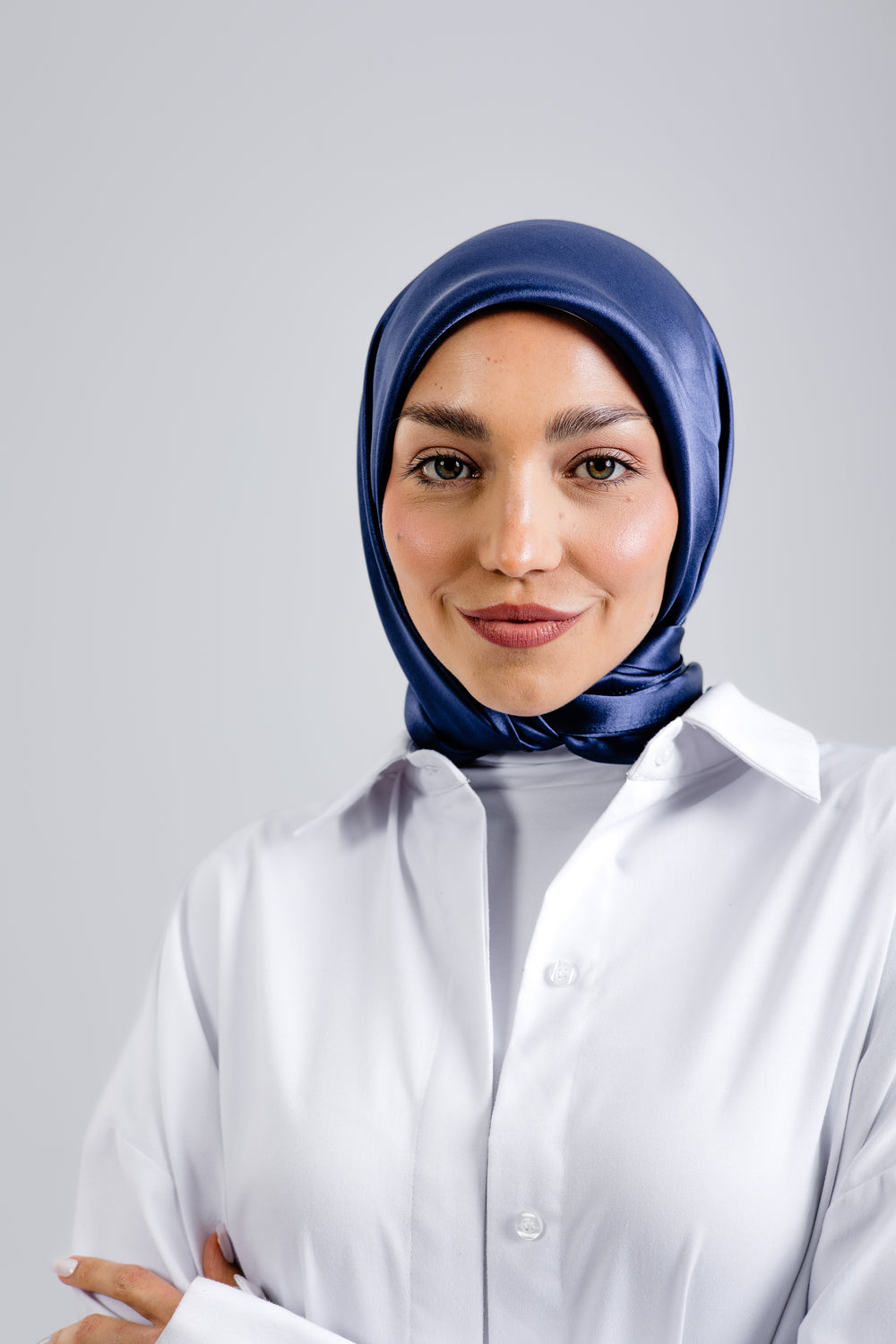 Worood Navy Silk Scarf Square – navy blue silk scarf with smooth glossy texture