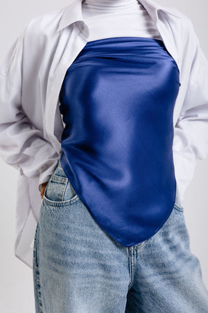 Worood Navy Silk Scarf Square – navy blue silk scarf with smooth glossy texture