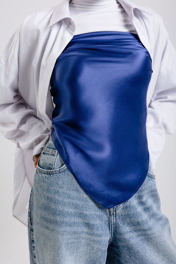 Worood Navy Silk Scarf Square – navy blue silk scarf with smooth glossy texture