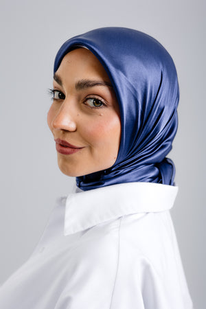 Worood Navy Silk Scarf Square – navy blue silk scarf with smooth glossy texture