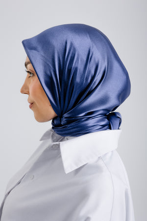 Worood Navy Silk Scarf Square – navy blue silk scarf with smooth glossy texture