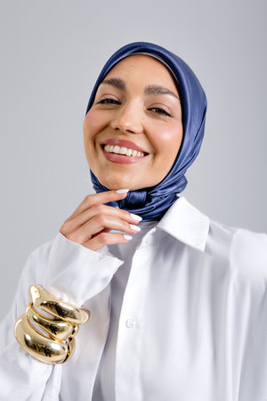 Worood Navy Silk Scarf Square – navy blue silk scarf with smooth glossy texture