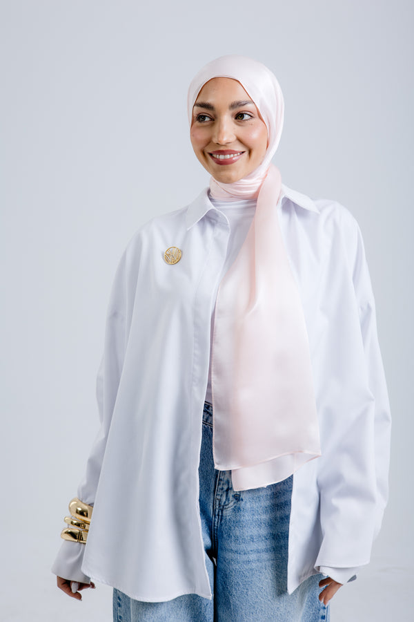 Worood Powder Silk Scarf Rectangle – pastel powder pink silk scarf with smooth matte sheen - وشاح حريري مستطيل Powder من Worood - وشاح حريري بلون وردي فاتح باستيل مع لمعة ناعمة غير لامعة