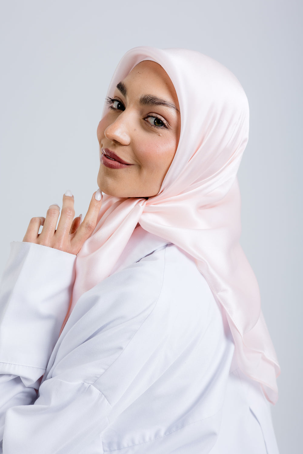 Worood Powder Silk Scarf Rectangle – pastel powder pink silk scarf with smooth matte sheen