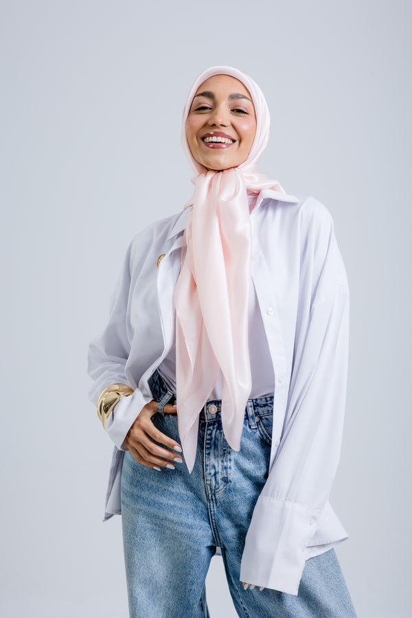 Worood Powder Silk Scarf Rectangle – pastel powder pink silk scarf with smooth matte sheen