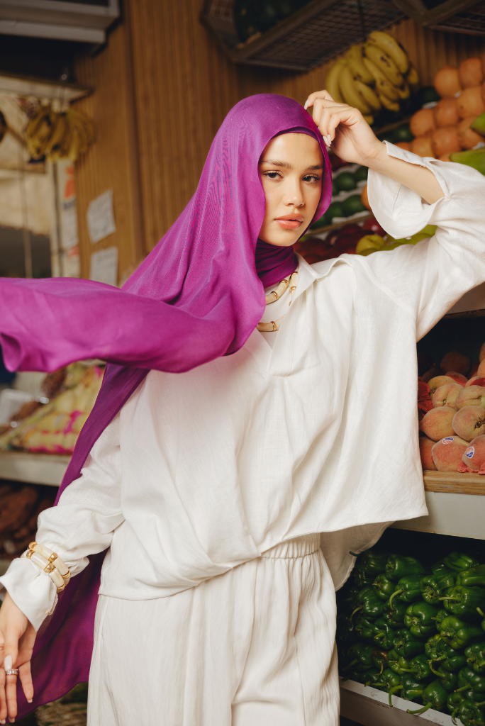 Raspberry premium bamboo scarf set with matching bamboo inner cap and breathable lightweight drape by WOROOD