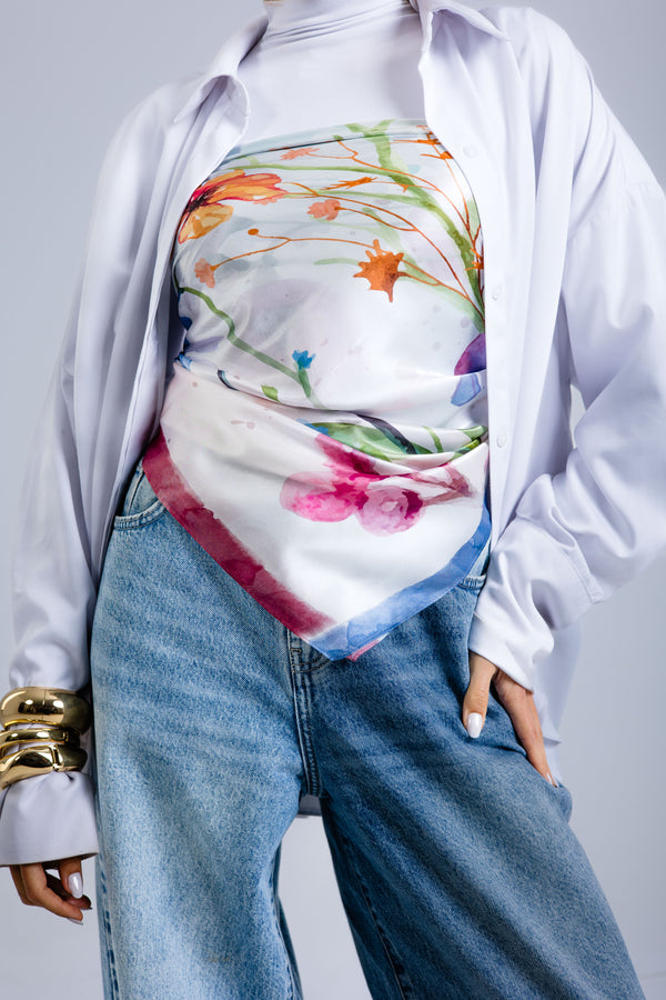 Worood Silken Flora Silk Scarf Square – floral silk scarf with soft pastel flower prints