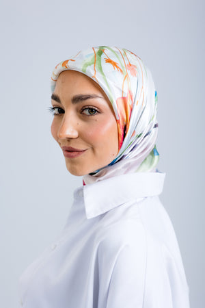 Worood Silken Flora Silk Scarf Square – floral silk scarf with soft pastel flower prints