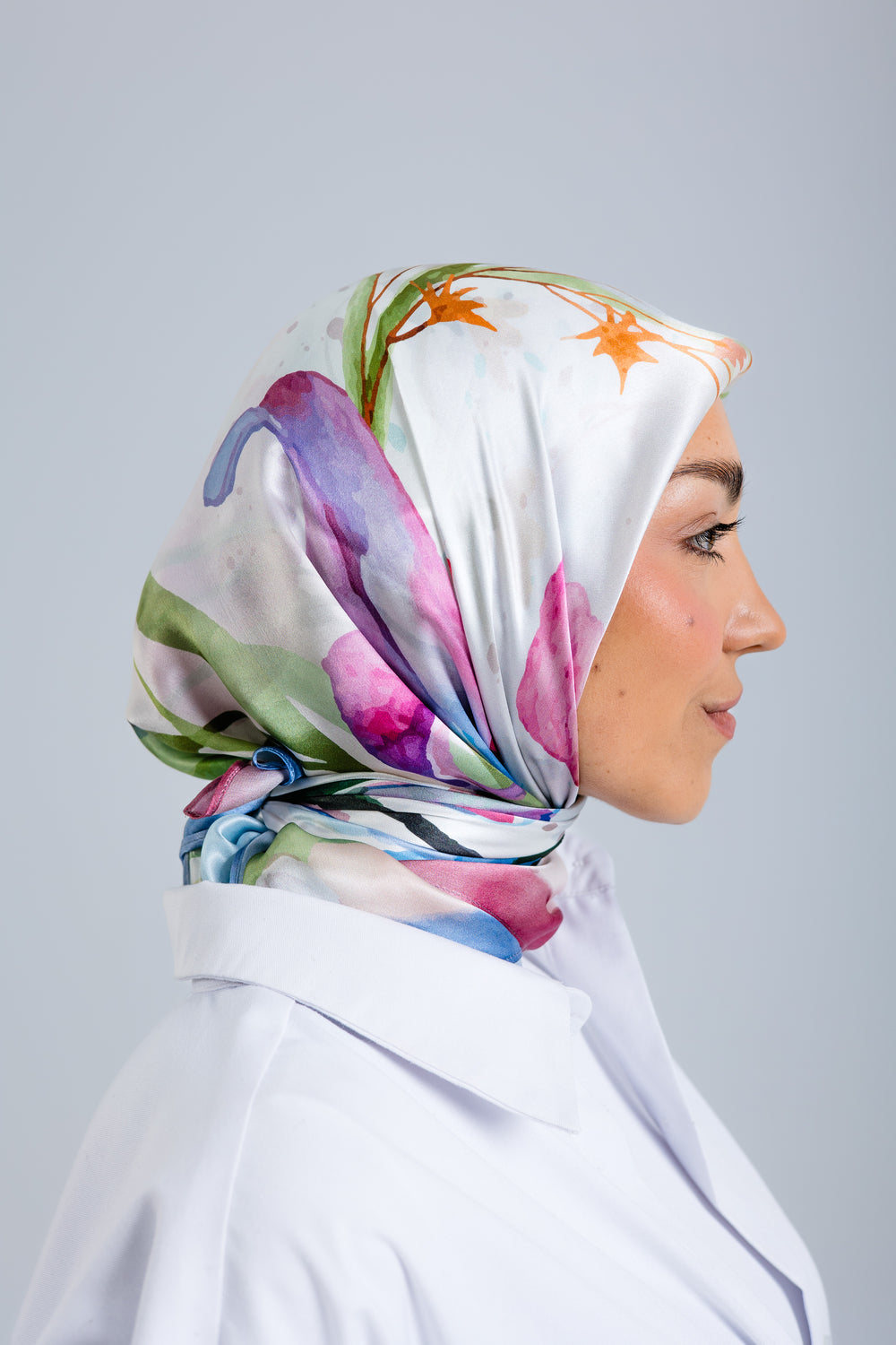 Silken Flora square silk scarf with pastel floral mulberry silk design by WOROOD