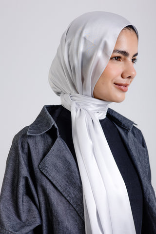 Worood Silver Silk Scarf Rectangle – elegant silver silk scarf with a glossy finish
