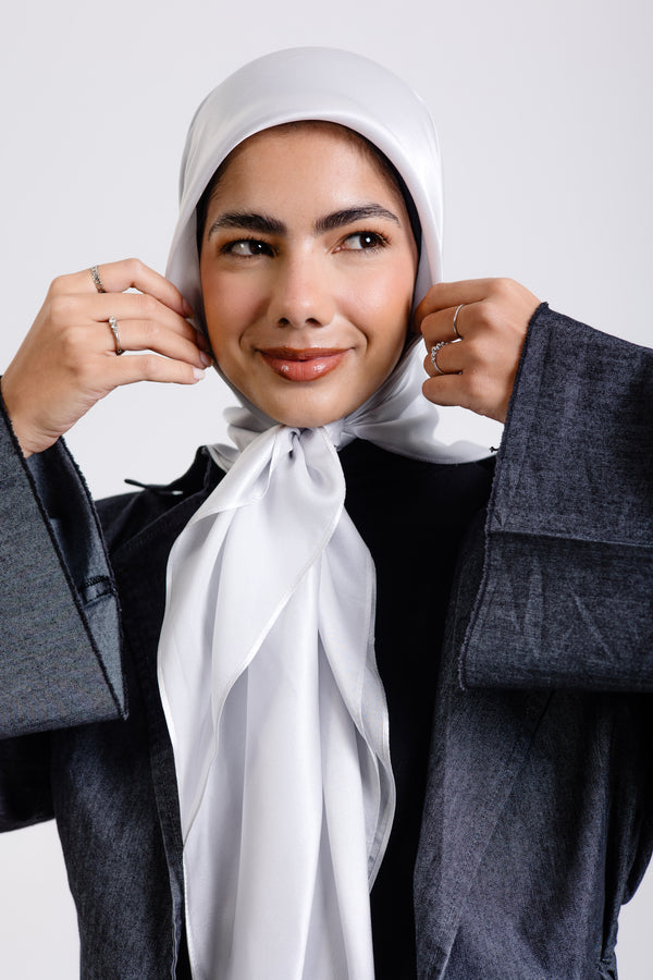 Worood Silver Silk Scarf Square – silver silk scarf with light reflective sheen