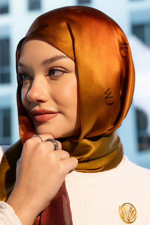 Jour Doré premium silk scarf with golden honey-toned mulberry silk drape by WOROOD