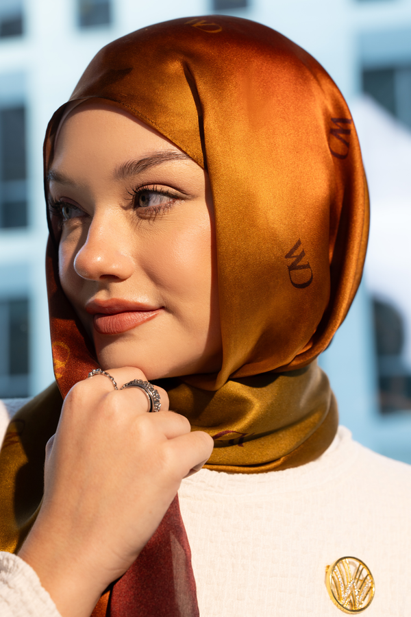 Jour Doré premium silk scarf with golden honey-toned mulberry silk drape by WOROOD