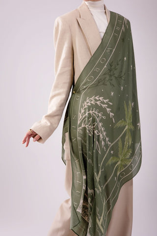 Worood Sunny Days in Olive modal scarf with earthy green tone and soft, lightweight fabric.
