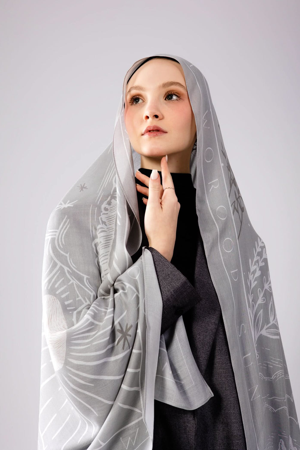 Worood Sunny Days grey modal scarf styled to highlight fluid movement and premium finish.