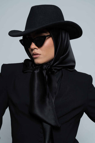 Dark Black Square Silk Scarf by WOROOD