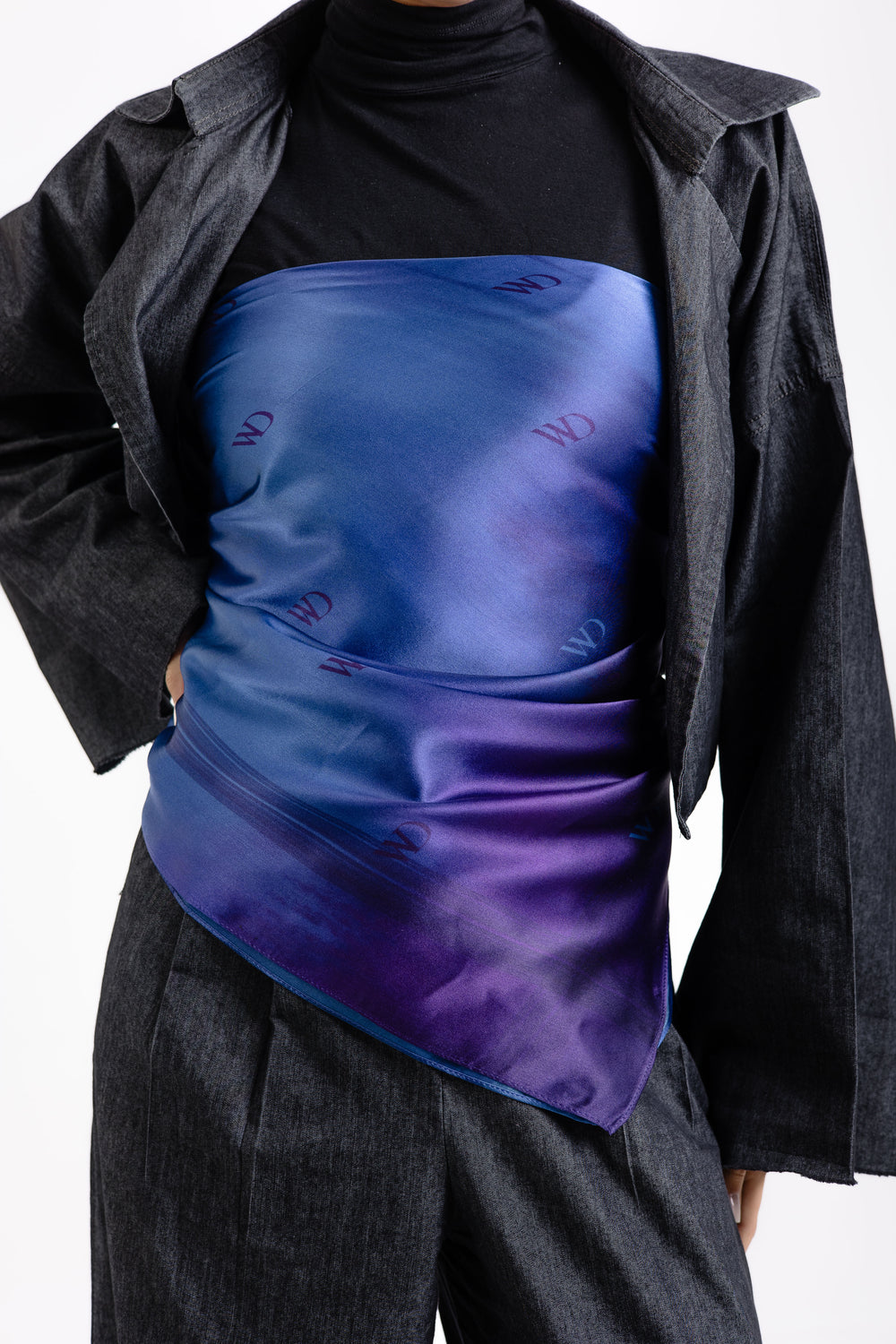 Beau Bleu square silk scarf with violet and navy ombré mulberry silk design by WOROOD